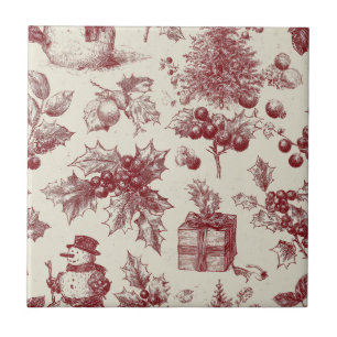 Vintage rotes Toile-de-Jouy-Christnachts-Botanik - Fliese