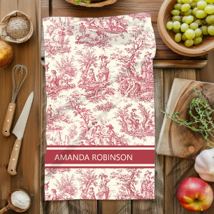 Vintage rotes Toile de Jouy Landschaftsszene Geschirrtuch
