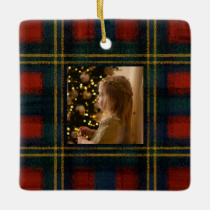 Vintage rotes und grünes Tartan Preppy Foto Keramikornament