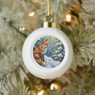 Vintage-Rotfuchs- und Meisen-Weihnachtsbild Keramik Kugel-Ornament