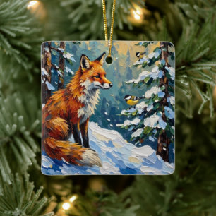 Vintage-Rotfuchs- und Meisen-Weihnachtsbild Keramikornament