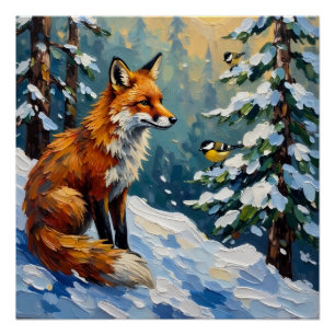 Vintage-Rotfuchs- und Meisen-Weihnachtsbild Poster