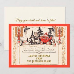 Vintage Rotgold Weihnachtsgrüße Kutsche Schnee Feiertagskarte