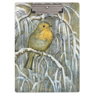 Vintage Rotkehlchen auf einem schneebedeckten Ast Klemmbrett