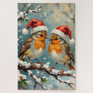 Vintage Rotkehlchen mit Weihnachtsmannmützen auf s Puzzle
