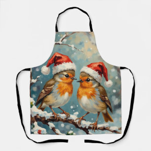 Vintage Rotkehlchen mit Weihnachtsmannmützen auf s Schürze