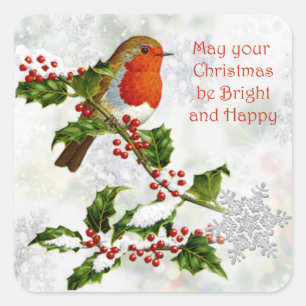 Vintage-Rotkehlchen, Stechpalme, Schneeflocken-Wei Quadratischer Aufkleber