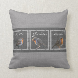 Vintage Rotkehlchen-Vögel, rustikales dunkelgraues Kissen