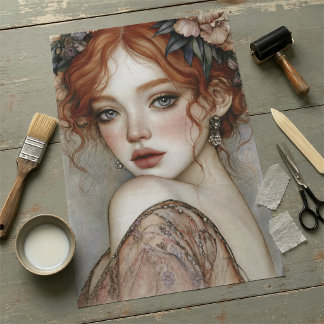 Vintage-Rotkopf-Blumenporträt-Decoupage Seidenpapier