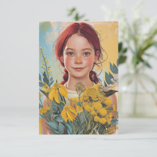 Vintage Rotschopf Australisches Mädchen Mit Blumen Karte