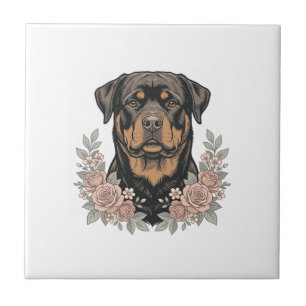 Vintage-Rottweiler-Blumen-Porträt-Shirt-Design_1 Fliese