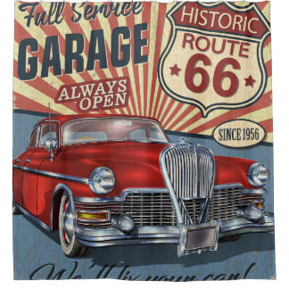 Vintage Route 66 Garage Retroplakat mit retro Auto Duschvorhang