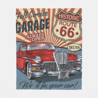 Vintage Route 66 Garage Retroplakat mit retro Auto Fleecedecke