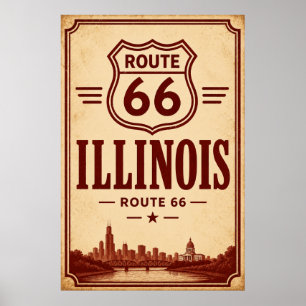 Vintage Route 66 Illinois Stadt-Skyline-Kunst Poster