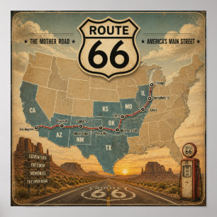 Vintage Route 66 Karte Tankstellen Landschaft Poster