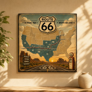 Vintage Route 66 Karte Tankstellen Landschaft Poster