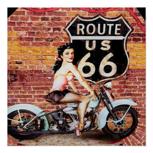 Vintage Route 66 Lady auf Motorradplakat Poster (Vorderseite)