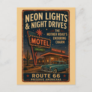Vintage Route 66 Neon-Motel Nachtfahrt Postkarte
