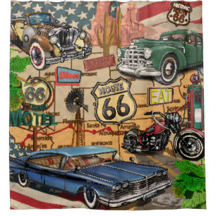 Vintage Route 66, nostalgischer Poster. Duschvorhang