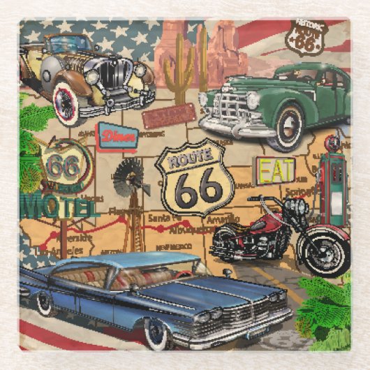 Vintage Route 66, nostalgisches Poster. Glasuntersetzer (Vorderseite)