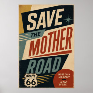 Vintage Route 66 Rette die Mother Road Typografie Poster