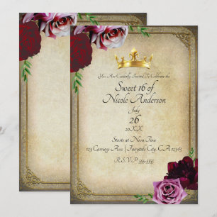 Vintage Royal Crown Dark Floral Sweet 16 Party Einladung