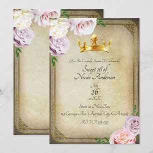 Vintage Royal Gold Krone Blumen Süße 16 Party Einladung