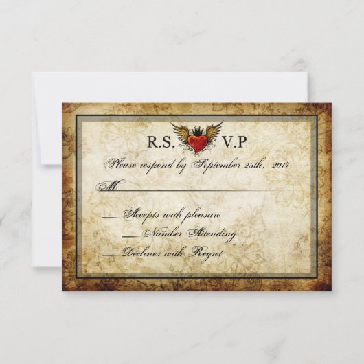 Vintage RSVP-Karten der städtischen Tattoo-Winged RSVP Karte (Vorderseite)