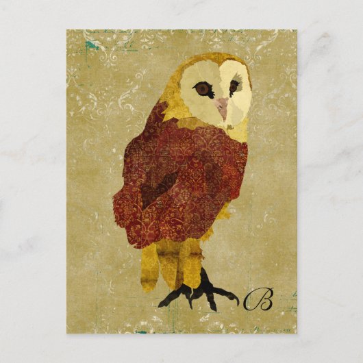 Vintage Ruby Owl Monogramm Postkarte (Vorderseite)
