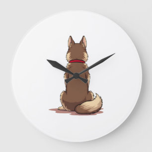 Vintage-Rückansicht Husky-Hund-Illustration Braun  Große Wanduhr