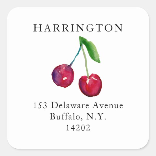 Vintage Rücksendeadresse von handbemalten Kirschen Quadratischer Aufkleber (Vorderseite)