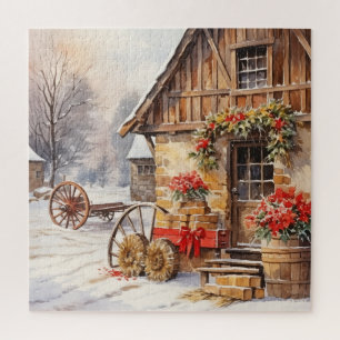 Vintage Rundholz-Zuhause für Weihnachten im Freien Puzzle