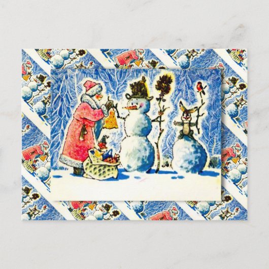 Vintage russische Weihnachten, Schneemann, Weihnac Feiertagspostkarte (Vorderseite)