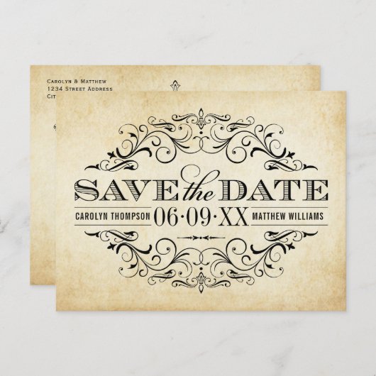 Vintage Rustic Black Flourish Parchment Wedding Ankündigungspostkarte (Vorne/Hinten)