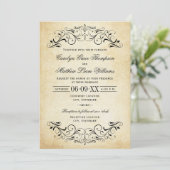 Vintage Rustic Black Flourish Parchment Wedding Einladung (Stehend Vorderseite)