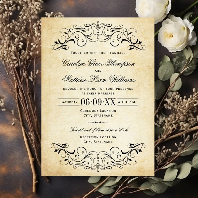 Vintage Rustic Black Flourish Parchment Wedding Einladung