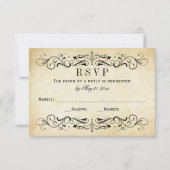 Vintage Rustic Black Flourish Parchment Wedding RSVP Karte (Vorderseite)