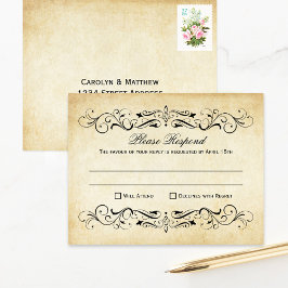 Vintage Rustic Black Flourish Parchment Wedding RSVP Karte