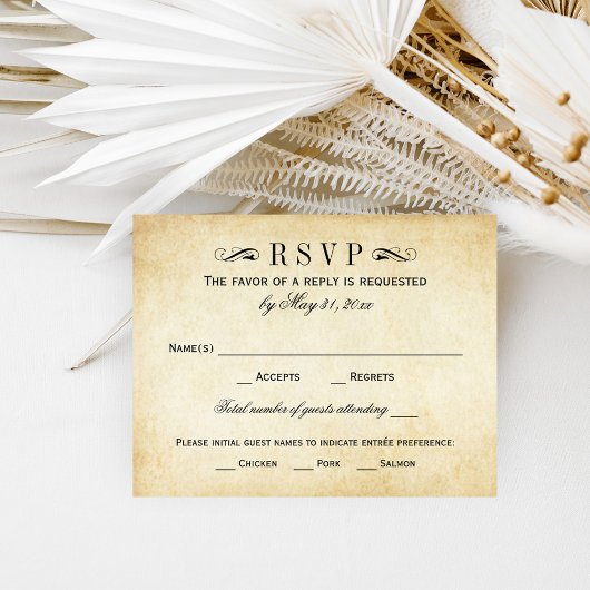 Vintage Rustic Black Flourish Parchment Wedding RSVP Karte