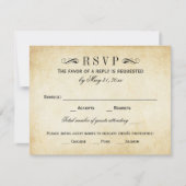 Vintage Rustic Black Flourish Parchment Wedding RSVP Karte (Vorderseite)