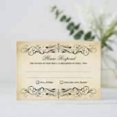 Vintage Rustic Black Flourish Parchment Wedding RSVP Karte (Stehend Vorderseite)