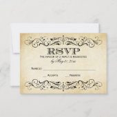 Vintage Rustic Black Flourish Parchment Wedding RSVP Karte (Vorderseite)