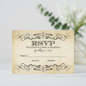 Vintage Rustic Black Flourish Parchment Wedding RSVP Karte (Stehend Vorderseite)