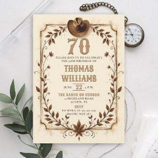 Vintage Rustic Cowboy Western Blatt 70. Geburtstag Einladung