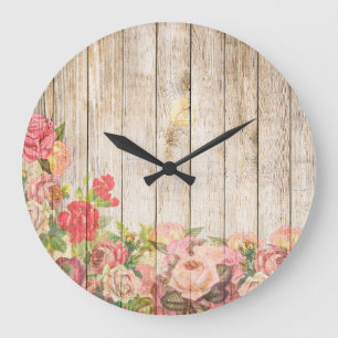 Vintage Rustic Romantic Roses Wood Große Wanduhr