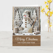 Vintage Rustic Snowman Merry Christmas Karte (Gelbe Blume)