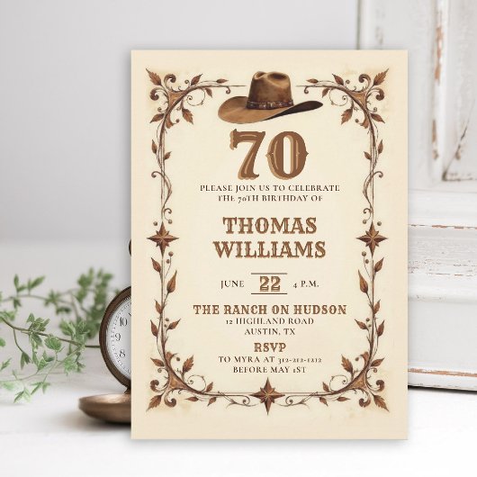 Vintage Rustic Western Star Cowboy 70th Birthday  Einladung