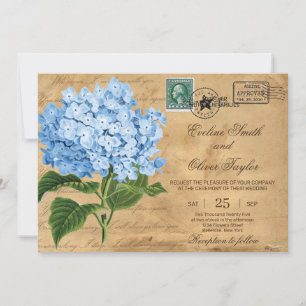 Vintage rustikale alte Papierblaue Hortensien-Hoch Einladung