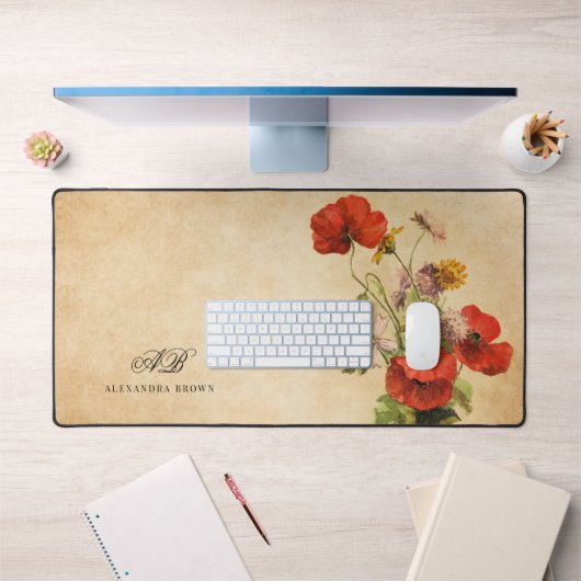 Vintage Rustikale Beige Rote Poppies Wilde Blume Schreibtischunterlage (Büro 1)