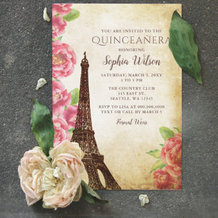 Vintage Rustikale Blumen Eiffelturm Quinceañera Einladung